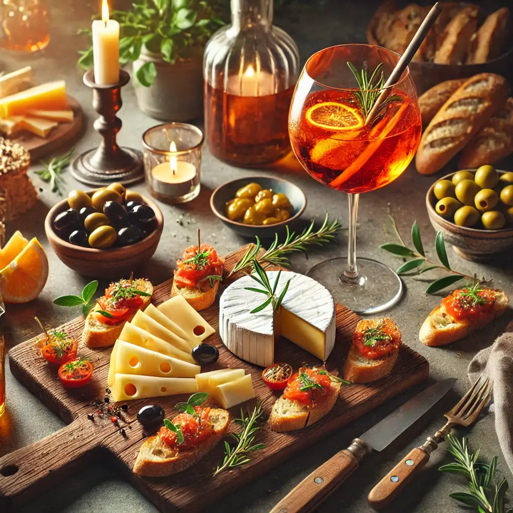Glas Aperol, Käse, Tomate, Oliven, Kerzen, Holzbrett, Besteck, Orangen, Gewürze, Rosmarin, Brot
